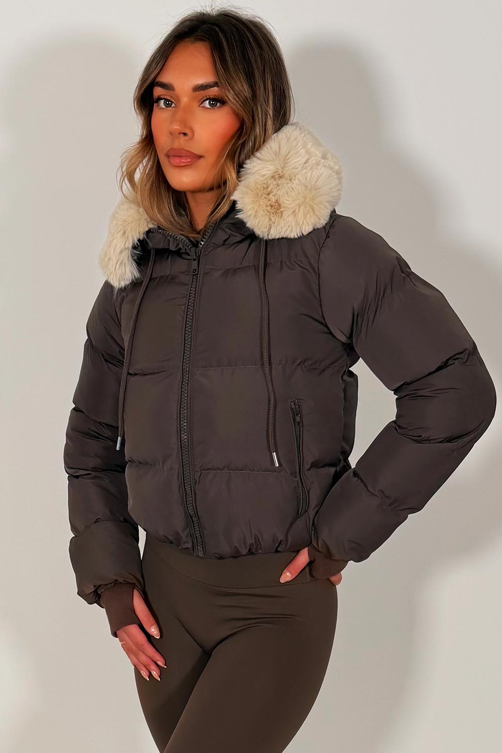 Brown Puffer Jacket With Fur Hood