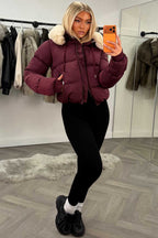 Puffer Jacket With Fur Hood Burgundy