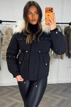 Black Coat With Faux Fur Hood And Drawstring Waist