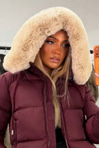 Puffer Jacket With Fur Hood Burgundy