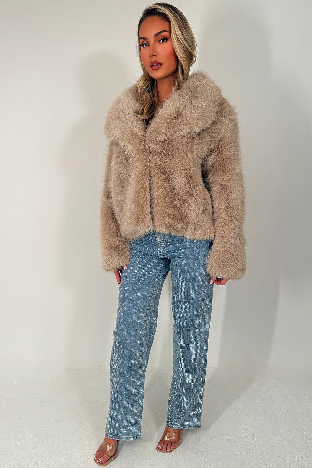 Faux Fur Jacket Collared Beige