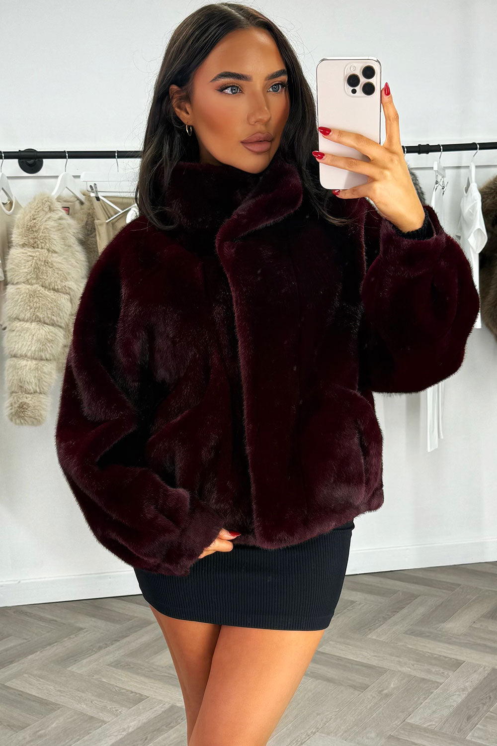 Funnel Neck Faux Fur Jacket Burgundy