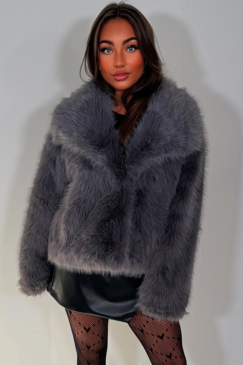 Faux Fur Jacket Collared Grey