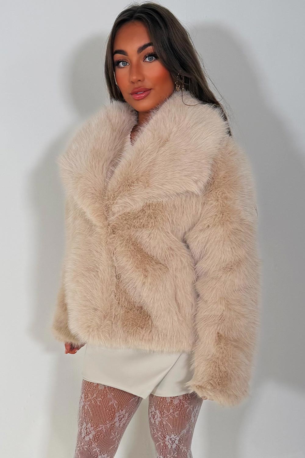 Faux Fur Jacket Collared Beige