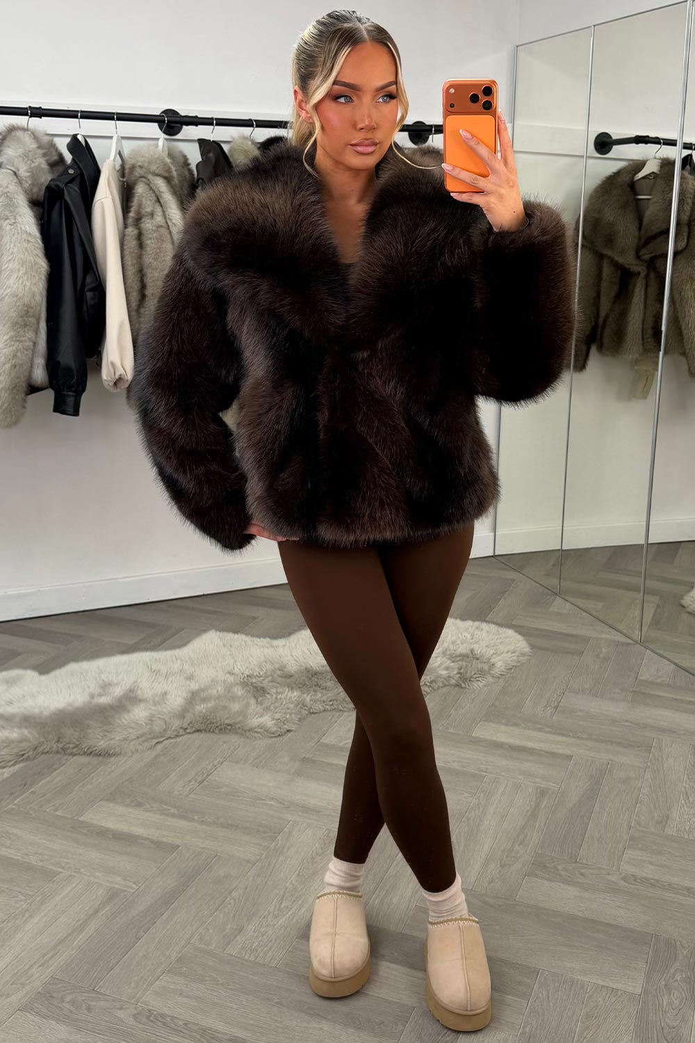Faux Fur Jacket Collared Brown Colourway