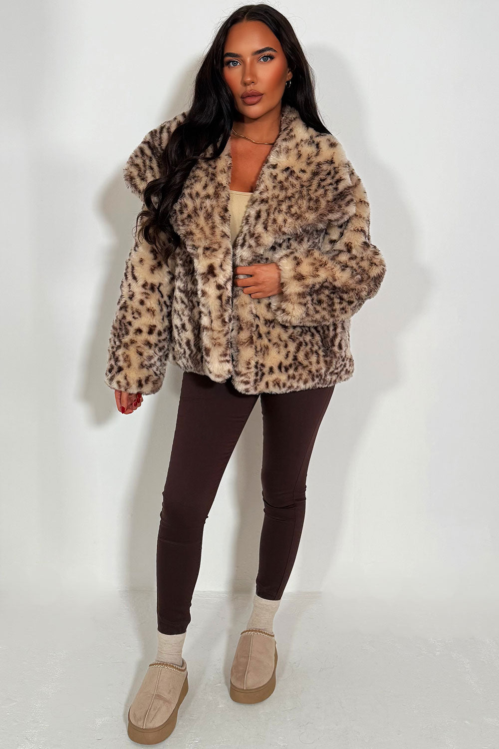 Faux Fur Jacket In Beige Leopard Print