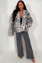Faux Fur Jacket In White Leopard Print