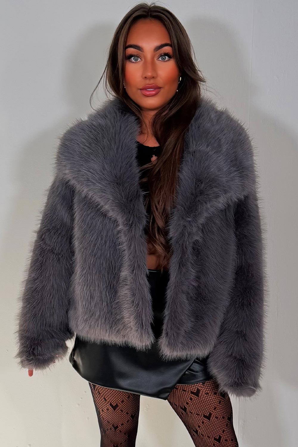 Faux Fur Jacket Collared Grey