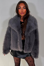 Faux Fur Jacket Collared Grey