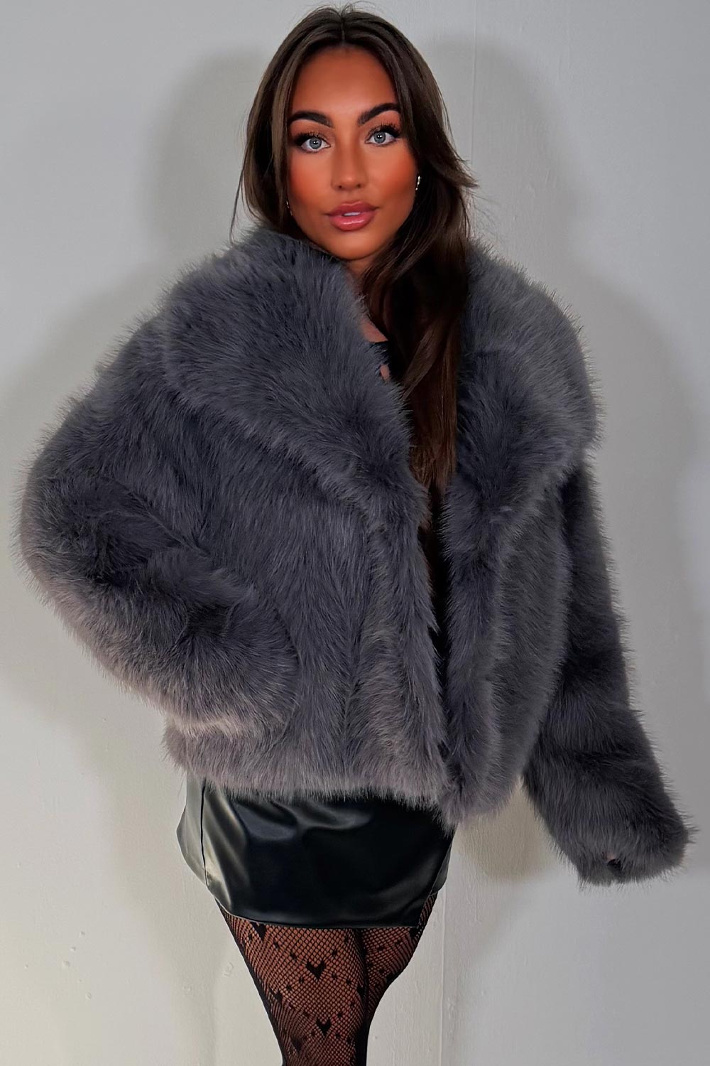 Faux Fur Jacket Collared Grey