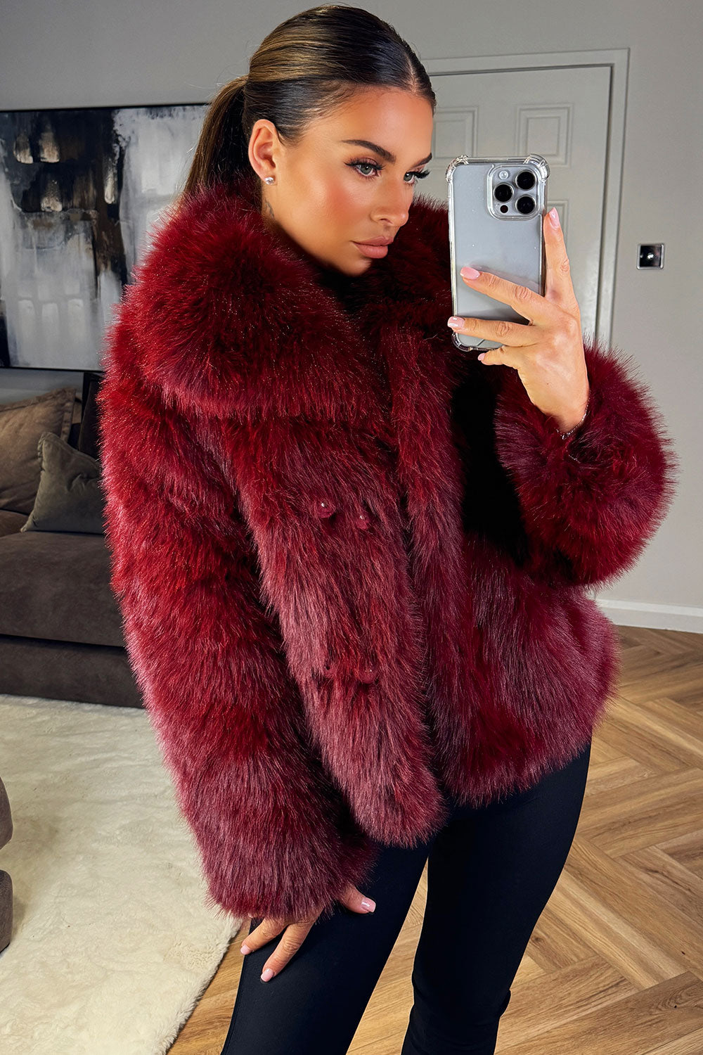 Faux Fur Short Plush Jacket Burgundy