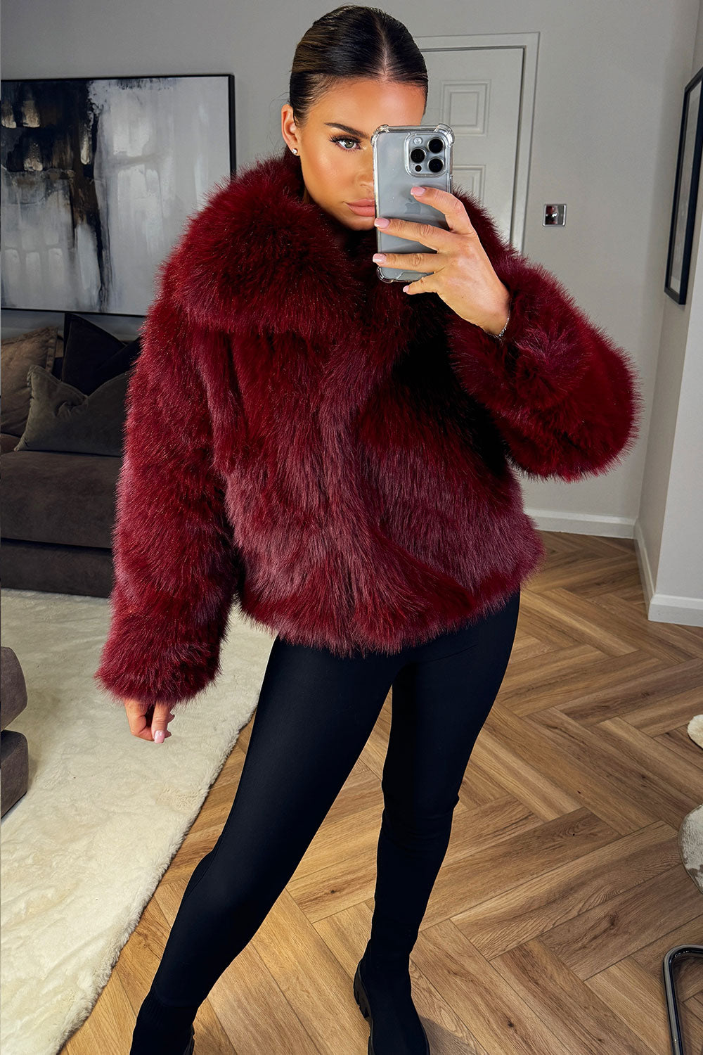 Faux Fur Short Plush Jacket Burgundy