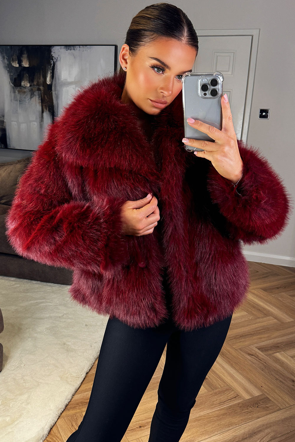 Faux Fur Short Plush Jacket Burgundy