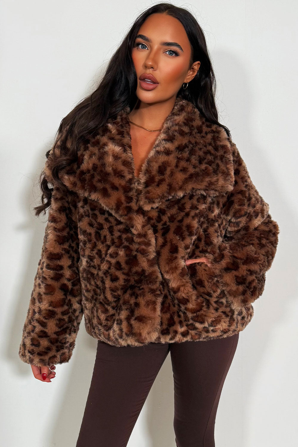 Faux Fur Jacket In Tan Leopard Print
