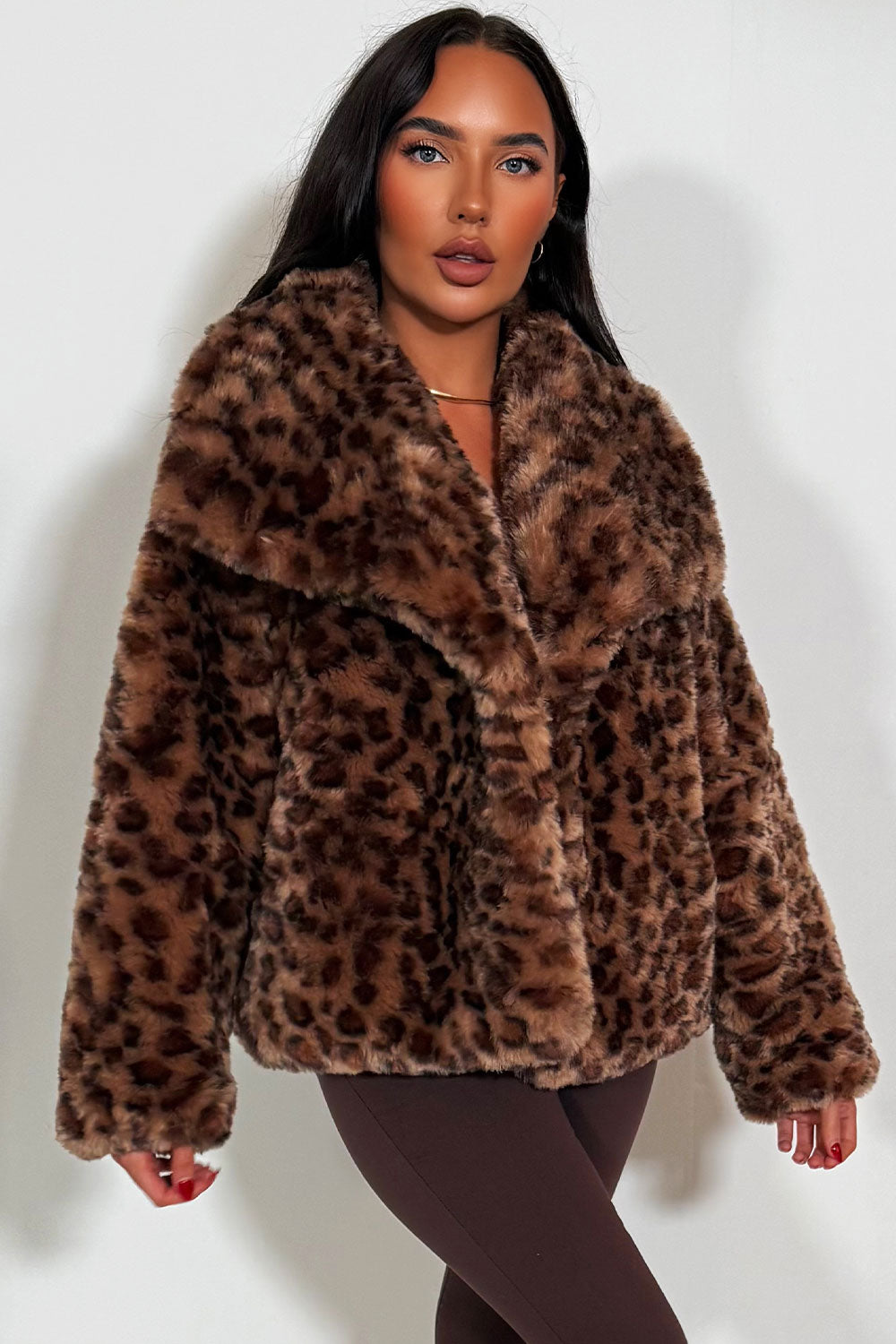 Faux Fur Jacket In Tan Leopard Print