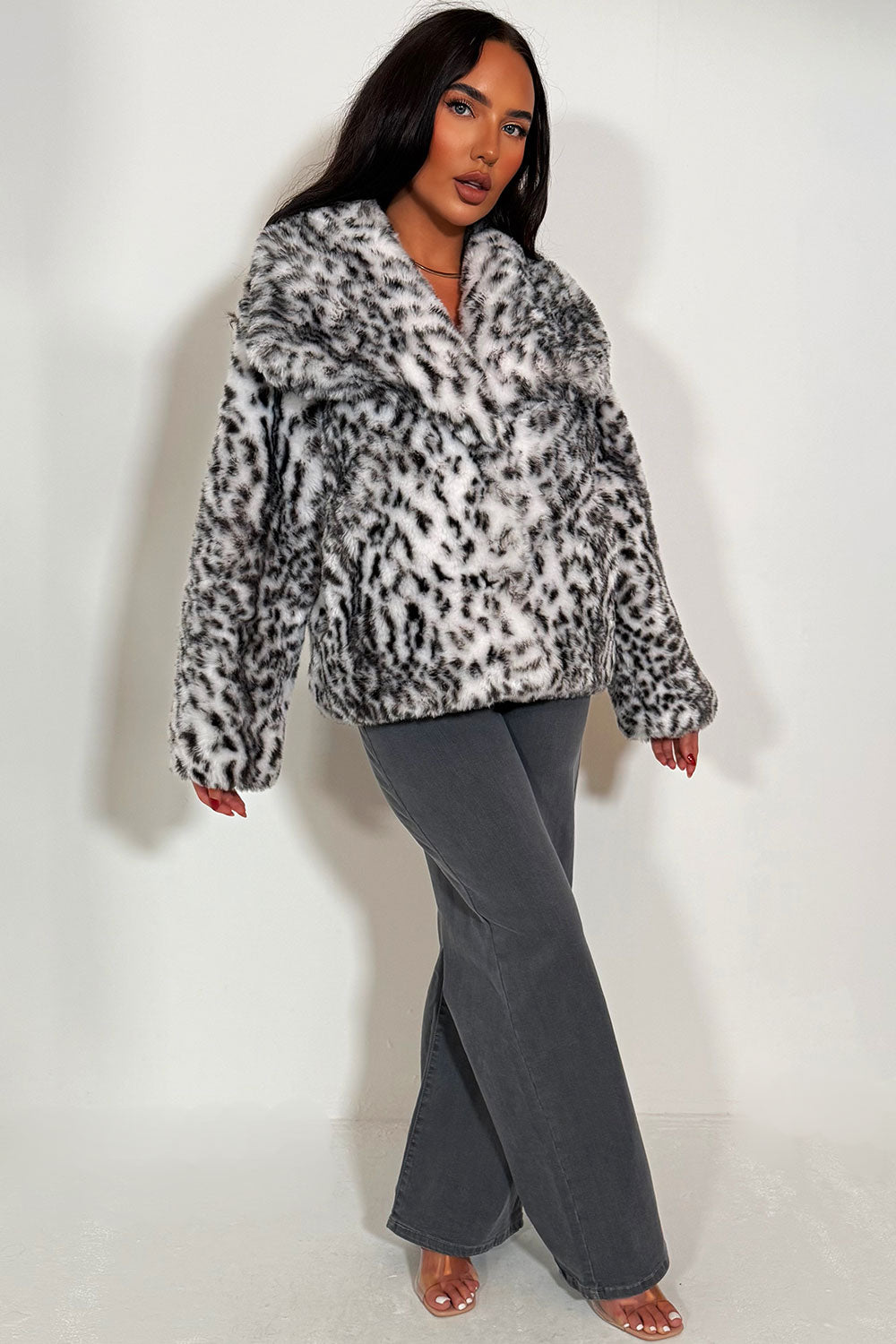 Faux Fur Jacket In White Leopard Print