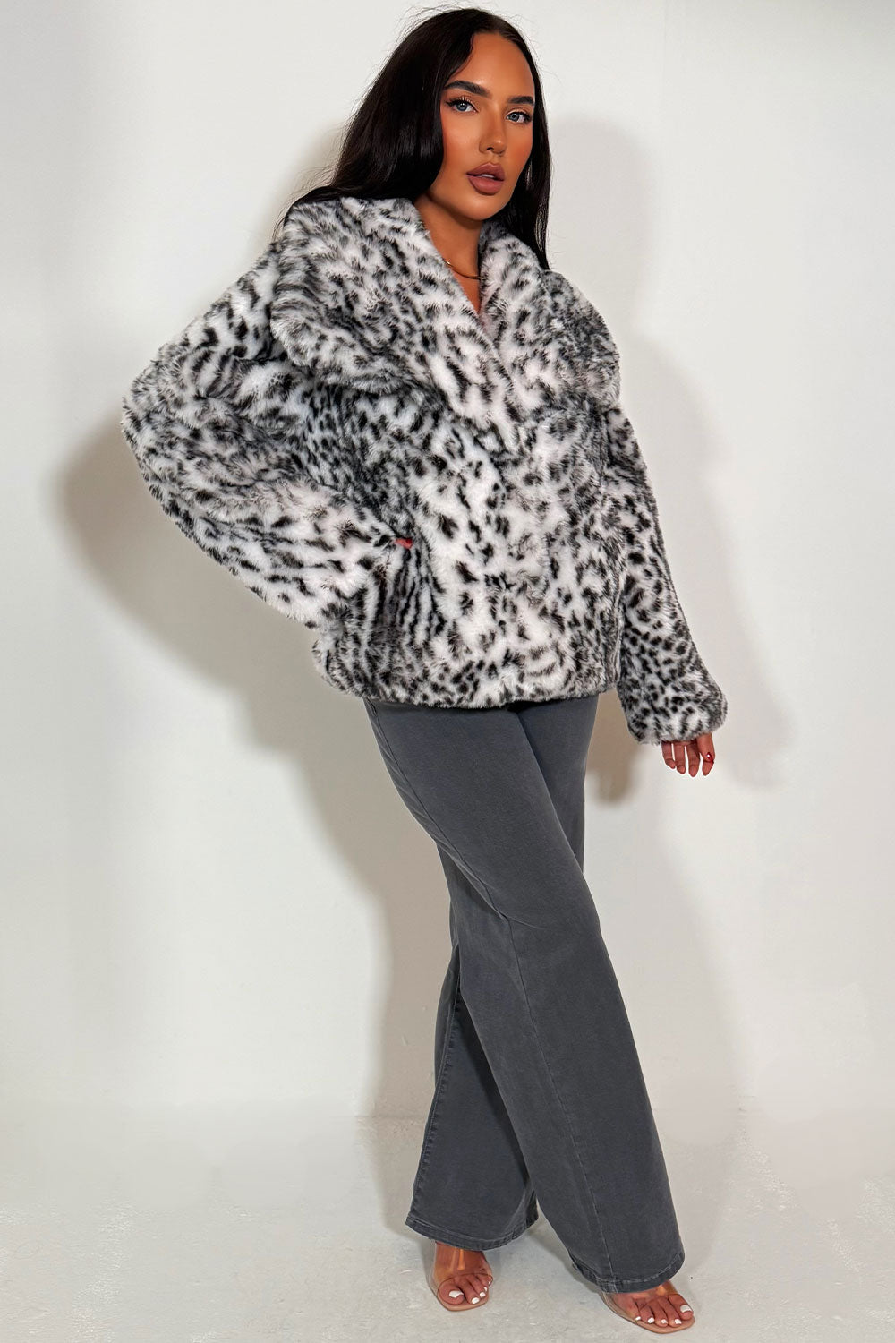 Faux Fur Jacket In White Leopard Print
