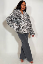 Faux Fur Jacket In White Leopard Print