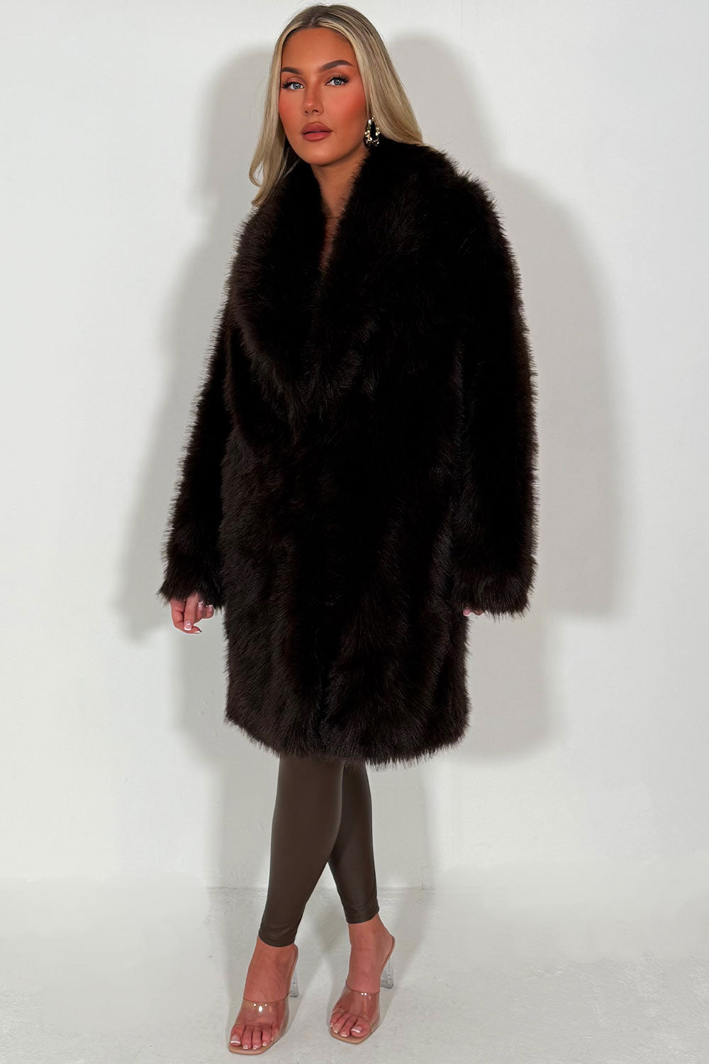 Long Faux Fur Coat Brown