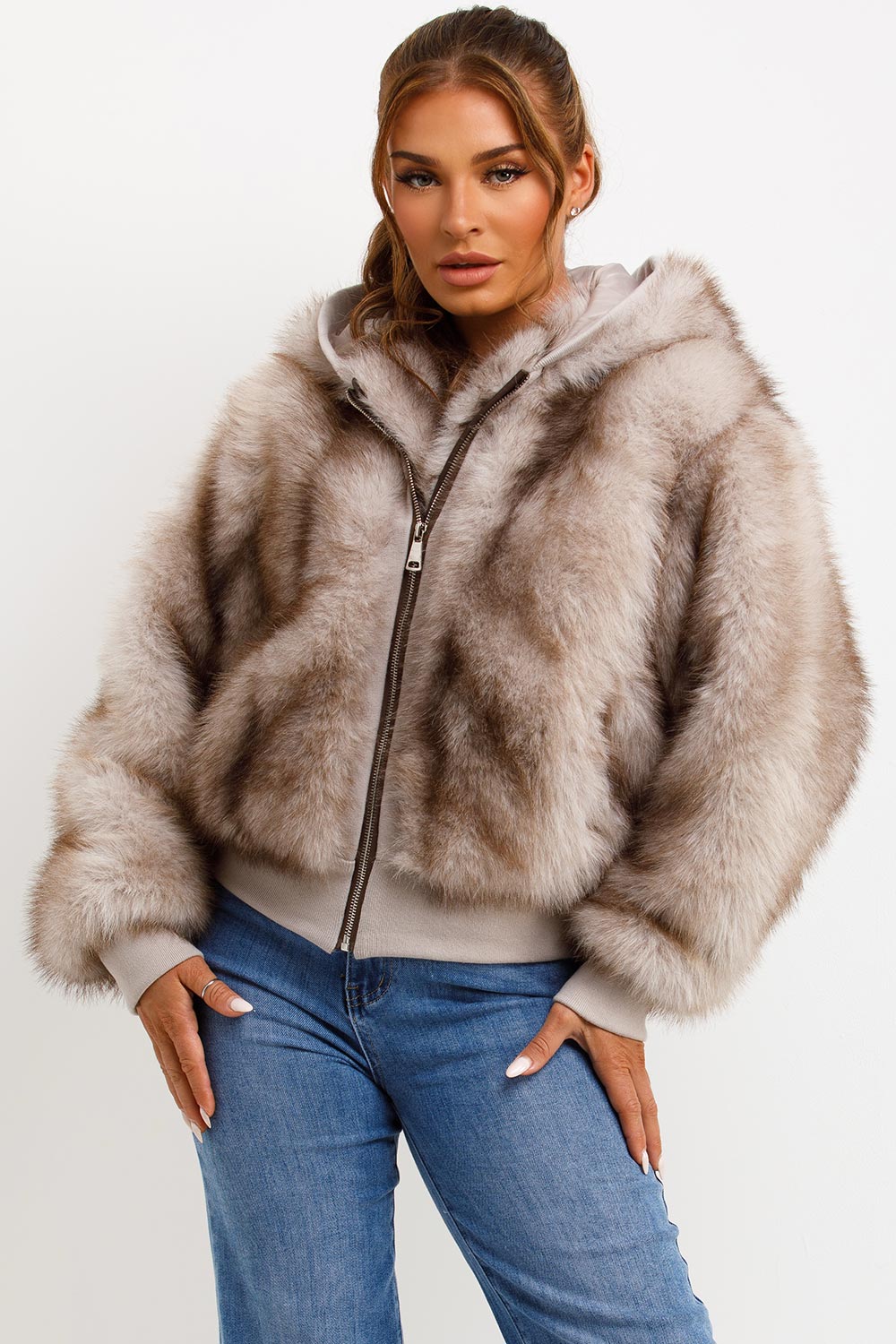 Fur Coat With Hood Beige