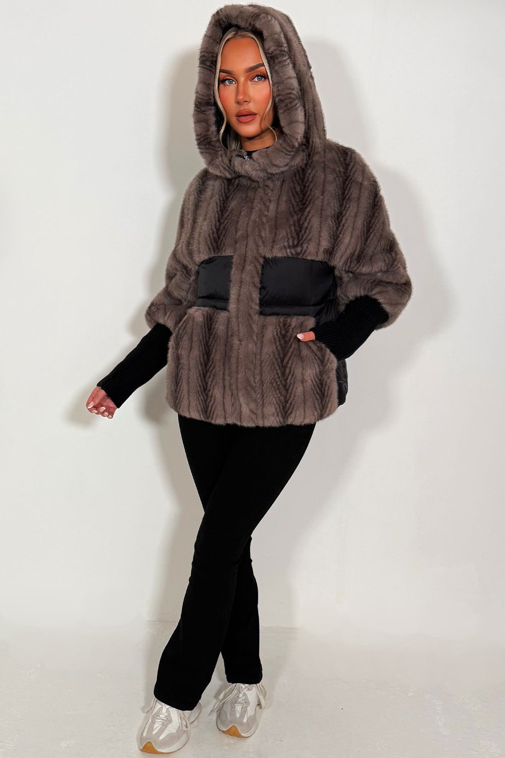 Faux Fur Jacket With Hood Taupe