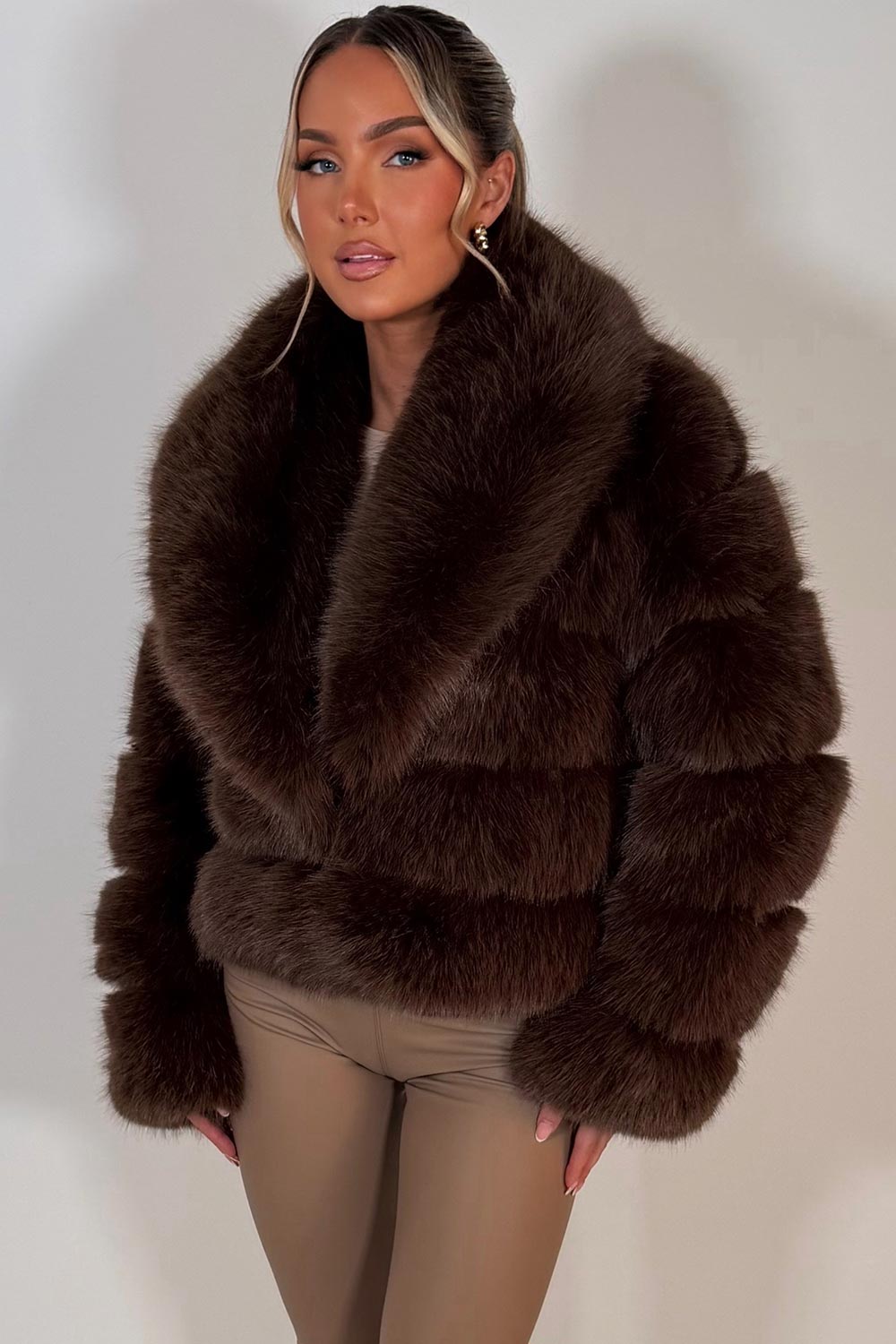 Faux Fur Coat With Collar Brown