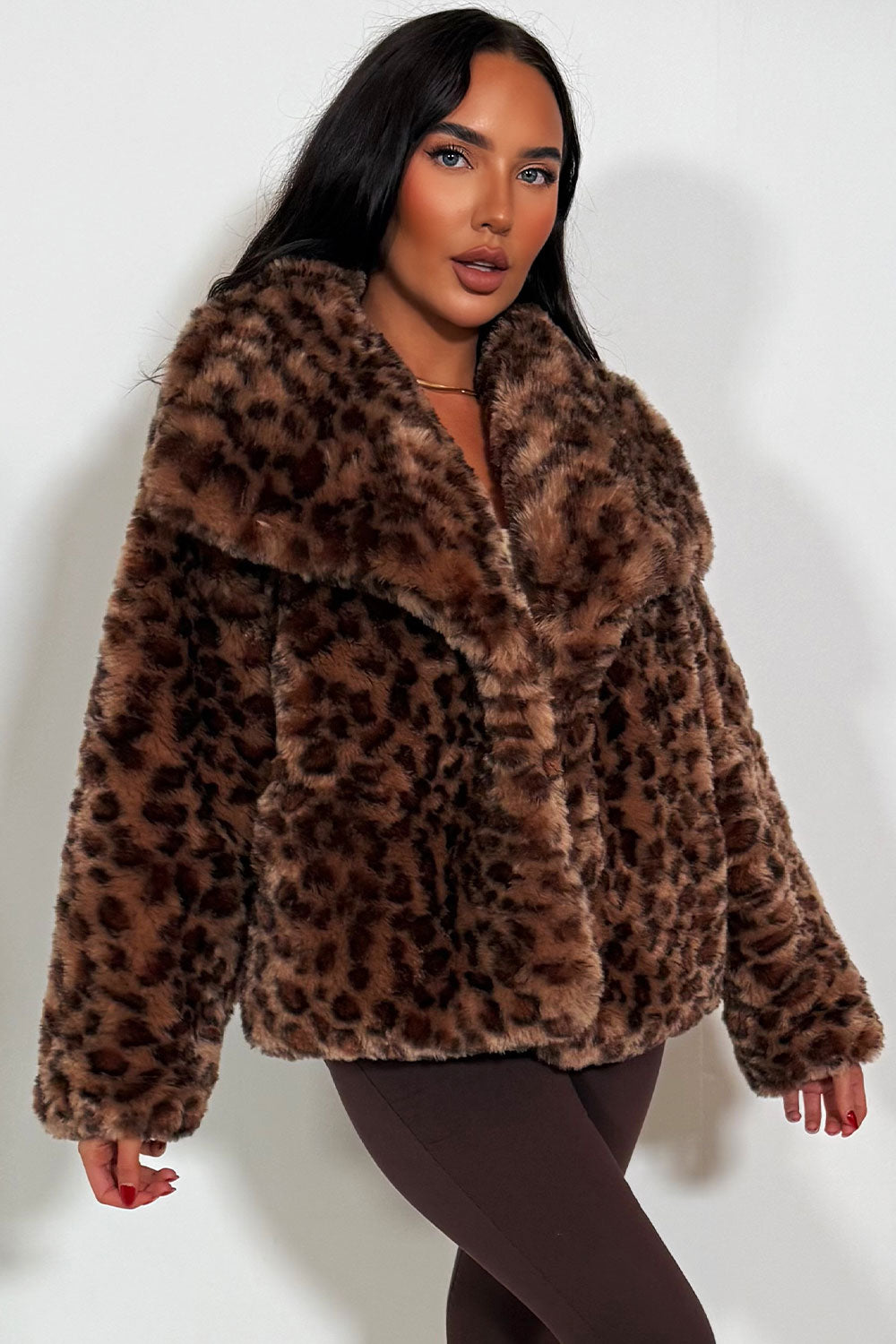 Faux Fur Jacket In Tan Leopard Print