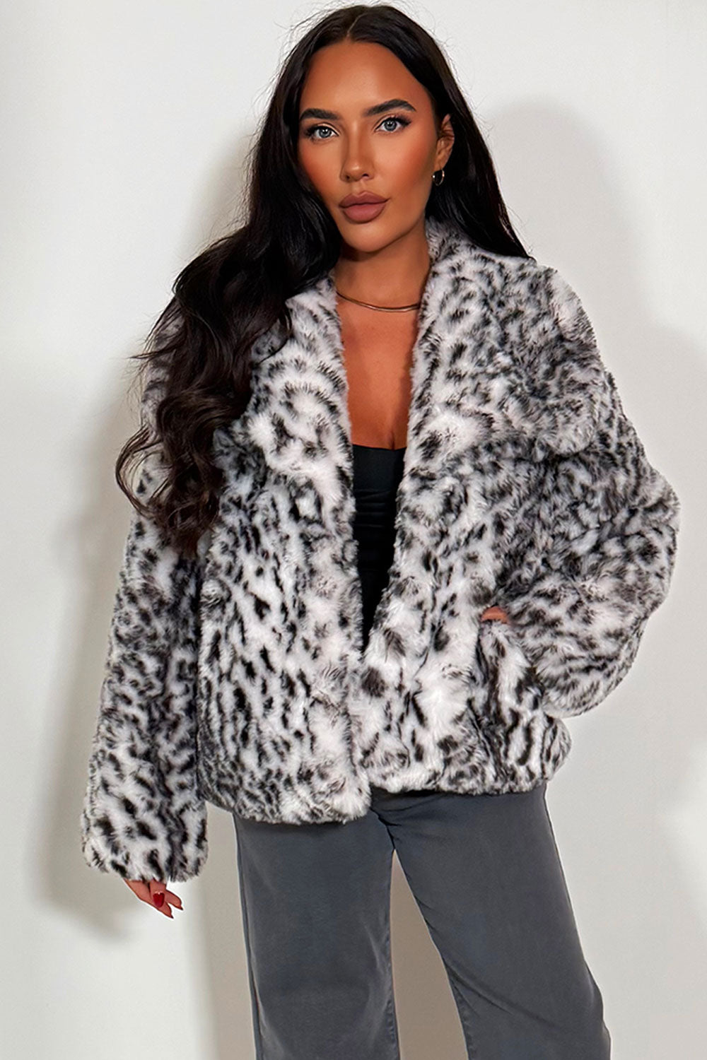 Faux Fur Jacket In White Leopard Print