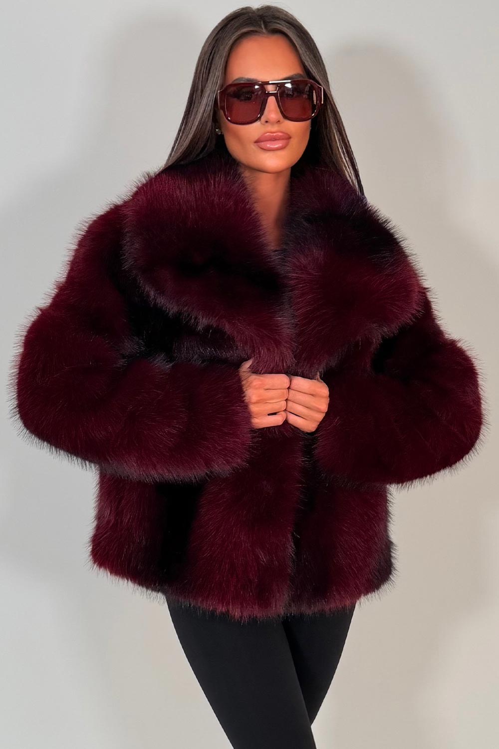 Faux Fur Jacket Collared Burgundy Colourway