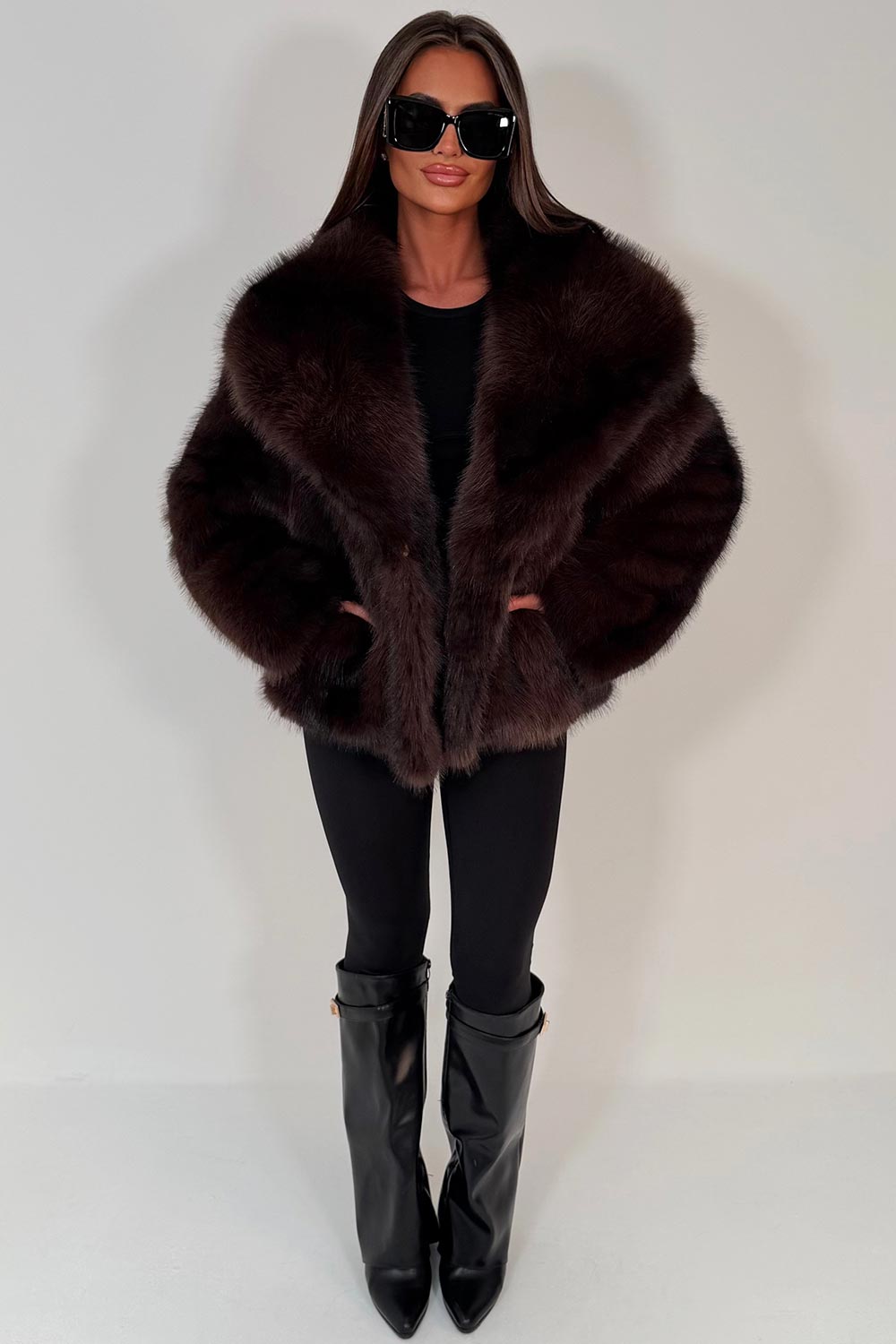 Faux Fur Jacket Collared Brown Colourway