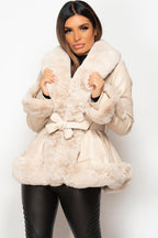 Faux Leather Faux Fur Belted Jacket Cream