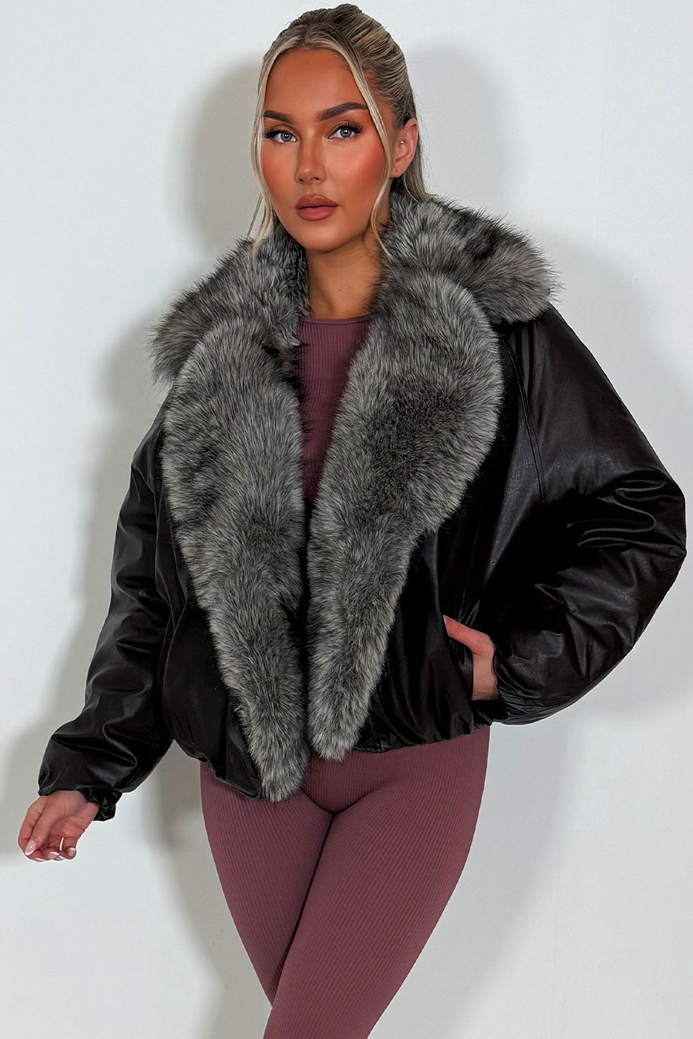 Brown Bomber Jacket With Faux Fur Collar And Trim