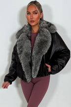 Brown Bomber Jacket With Faux Fur Collar And Trim