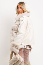 Faux Fur Trim Faux Leather Jacket Beige