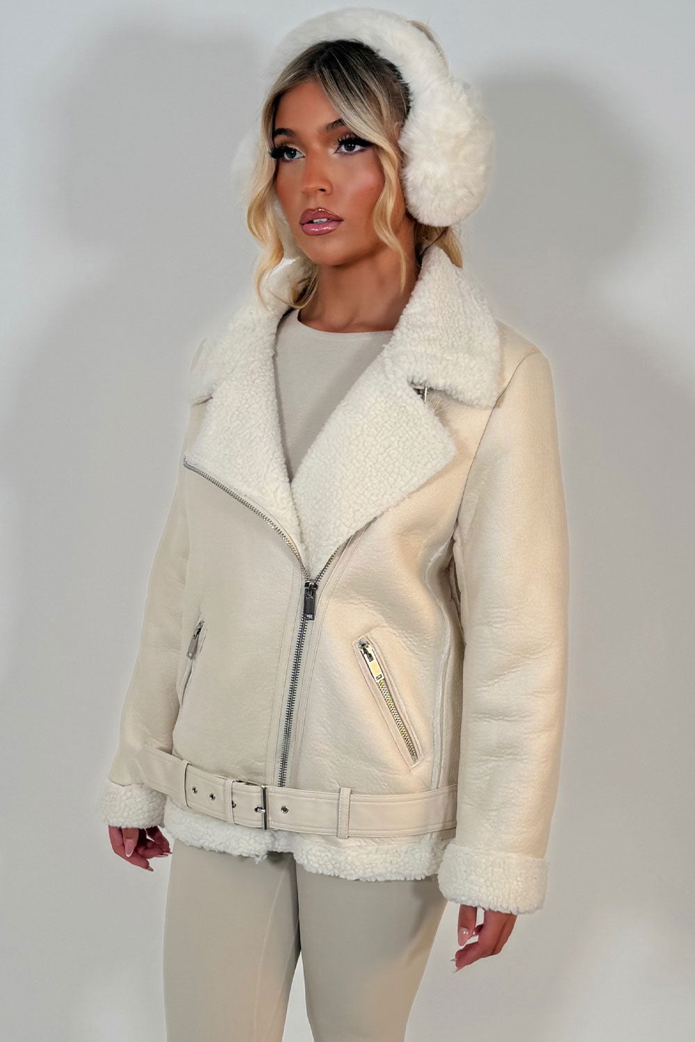 Aviator Jacket With Shearling Detail Beige