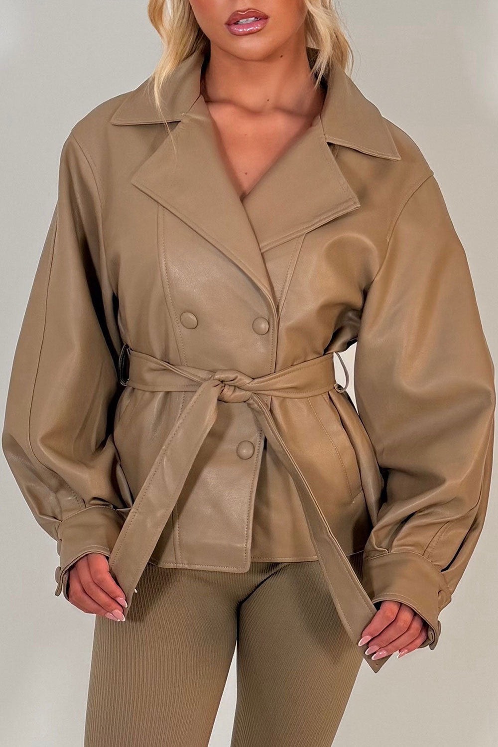 Leather Effect Jacket With Lapel Collar And Belt Beige
