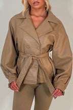 Leather Effect Jacket With Lapel Collar And Belt Beige