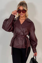 Leather Effect Jacket With Lapel Collar And Belt Burgundy