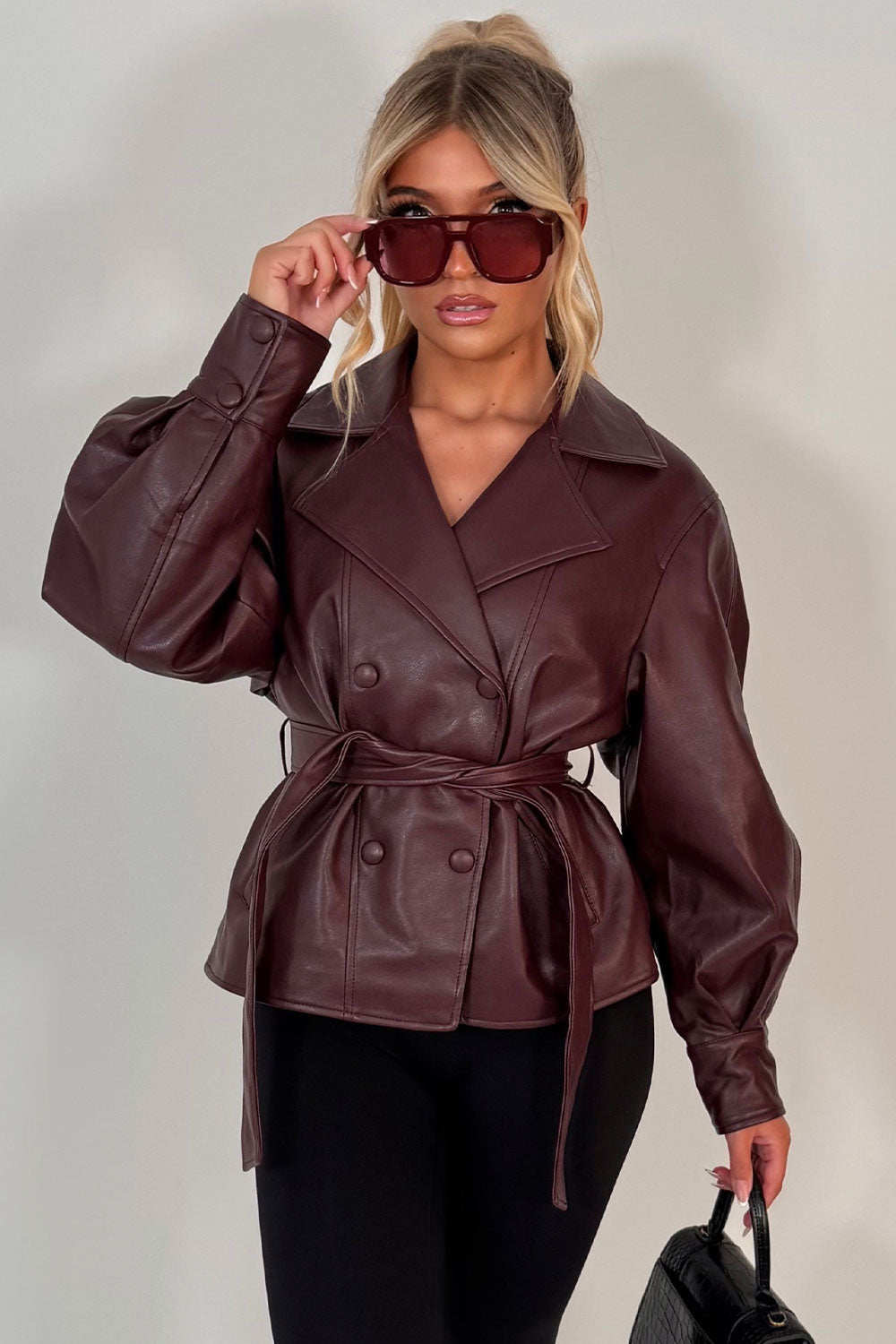 Leather Effect Jacket With Lapel Collar And Belt Burgundy