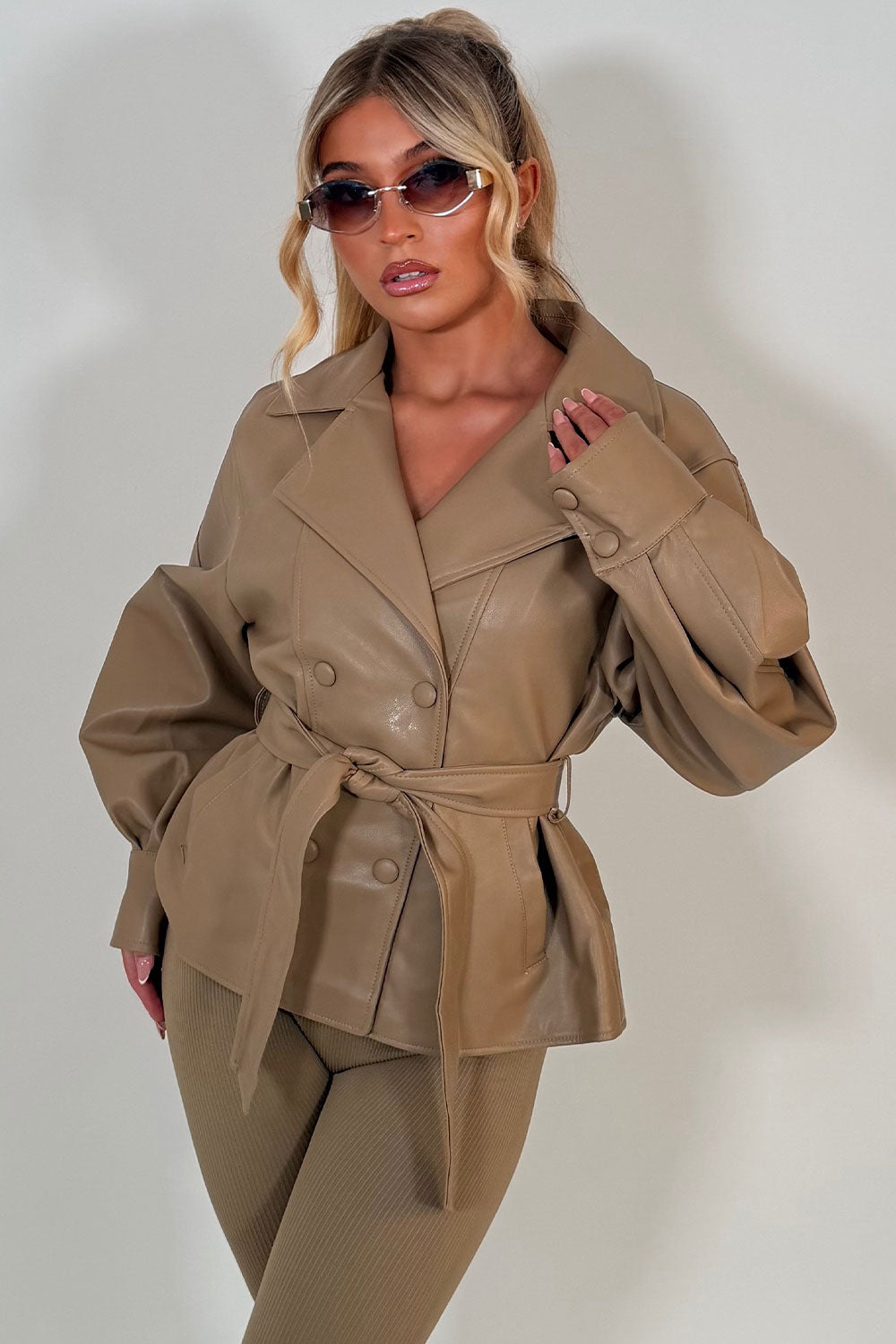 Leather Effect Jacket With Lapel Collar And Belt Beige
