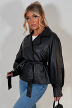 Leather Effect Jacket With Lapel Collar And Belt Black