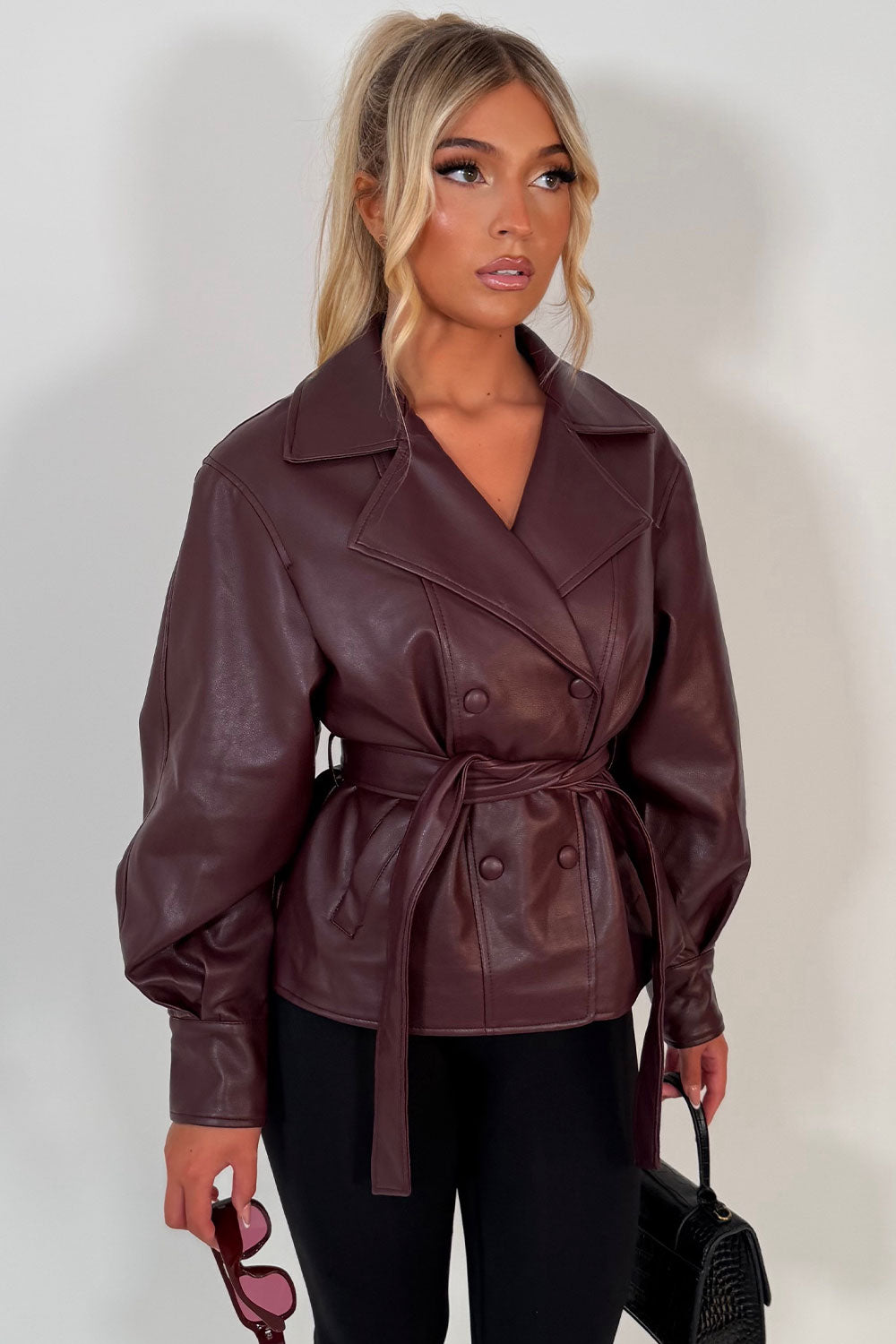 Leather Effect Jacket With Lapel Collar And Belt Burgundy