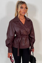 Leather Effect Jacket With Lapel Collar And Belt Burgundy