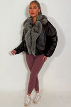 Brown Bomber Jacket With Faux Fur Collar And Trim
