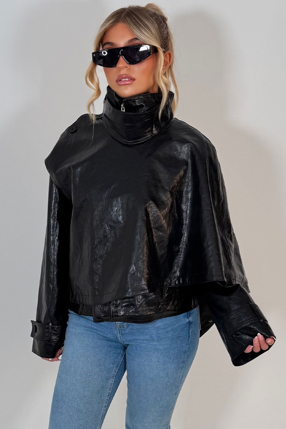 Black Faux Leather Jacket With Scarf Detail