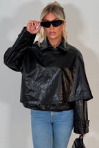 Black Faux Leather Jacket With Scarf Detail
