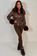 Brown Faux Leather Jacket With Faux Fur Collar Cuff & Adjustable Waist