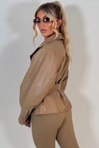 Leather Effect Jacket With Lapel Collar And Belt Beige