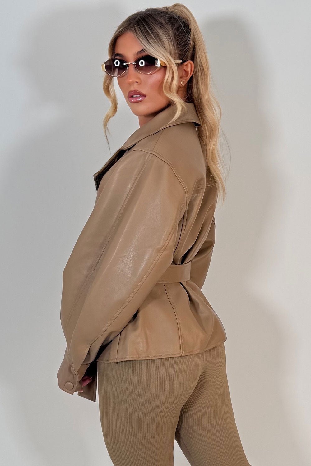 Leather Effect Jacket With Lapel Collar And Belt Beige