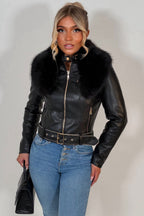 Black Faux Fur Collar Jacket In Faux Leather With Belt